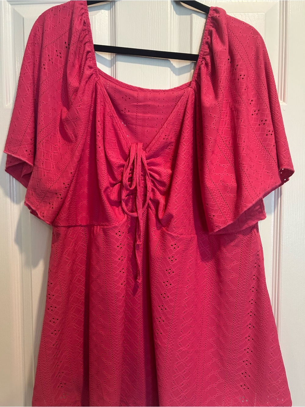 Plus Eyelet Embroidered Tie-Front Top in Hot Pink